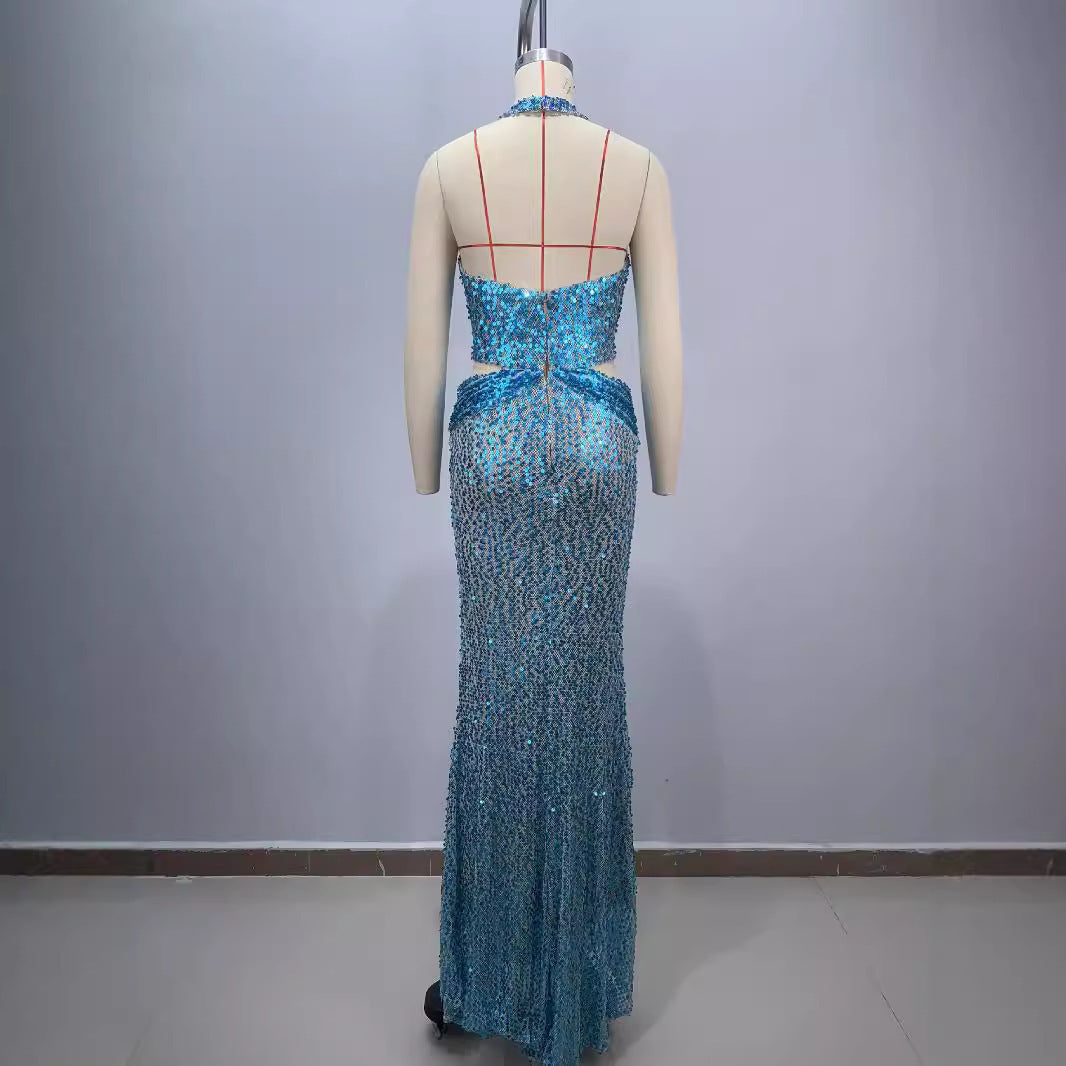 New Halter Deep V-neck Slim Slimming Party Stage Host Hostess Evening Dress - kinko