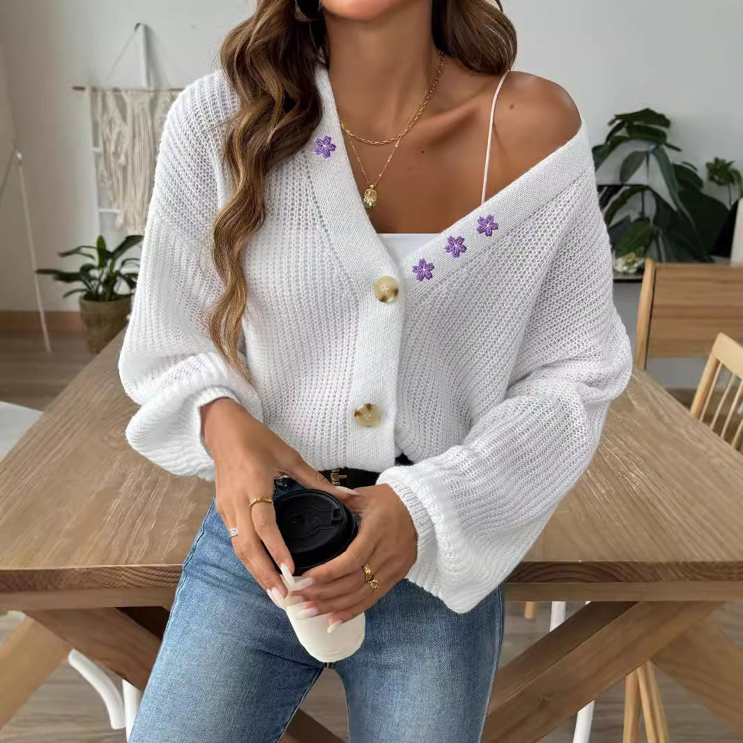 Embroidered Stickers Short Button Coat Sweater Cardigan - kinko
