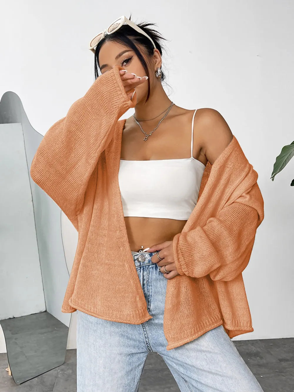 Open Front Dropped Shoulder Cardigan - kinko