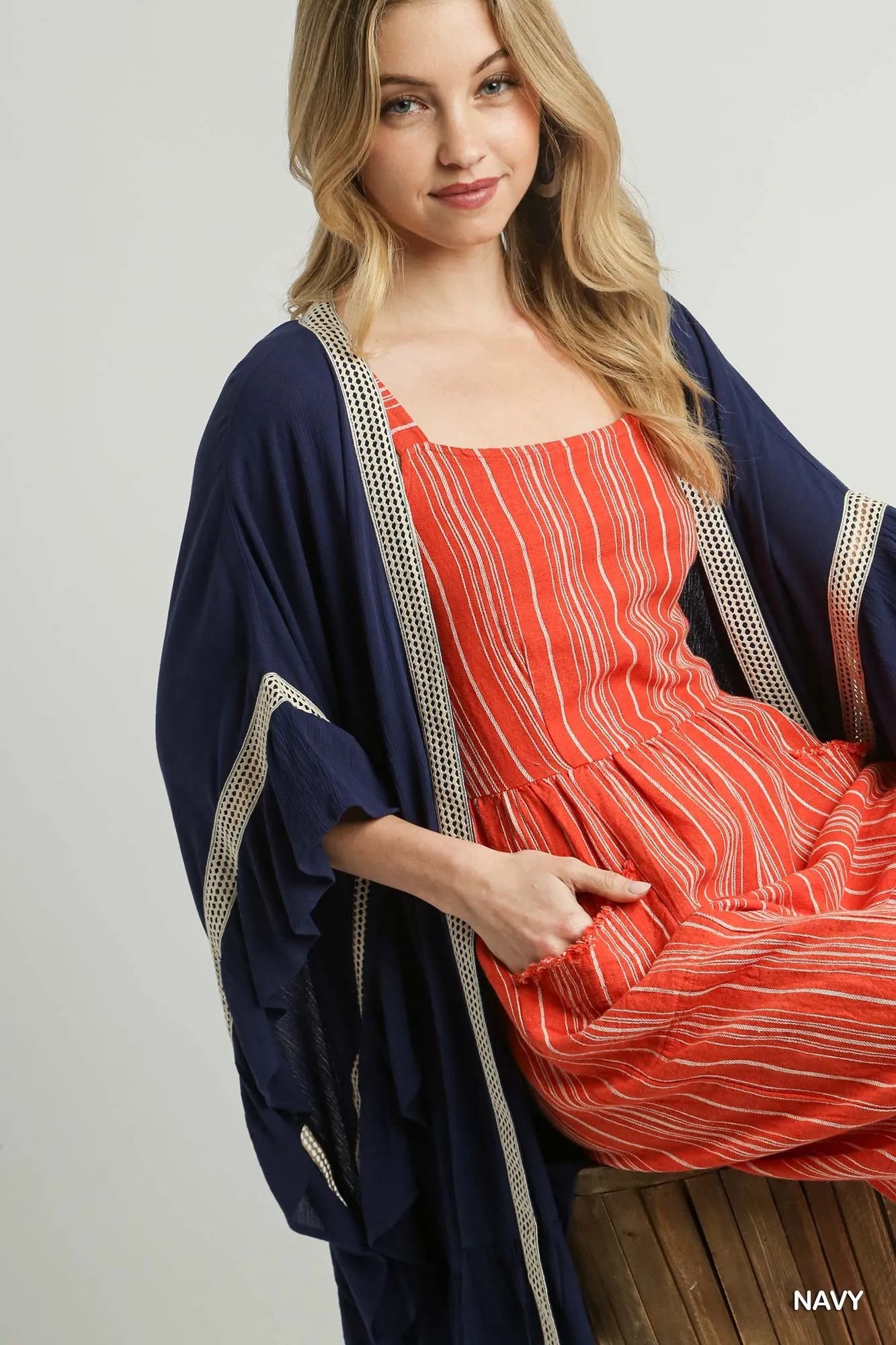 Umgee Ruffle Trim Kimono with Crochet Accent - kinko