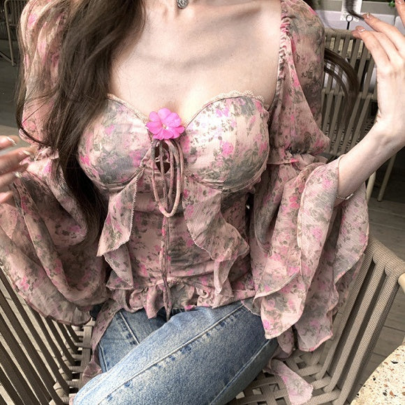 Printed Bay Sleeve Waist-tight Silk Craft Chiffon Blouses For Women - kinko