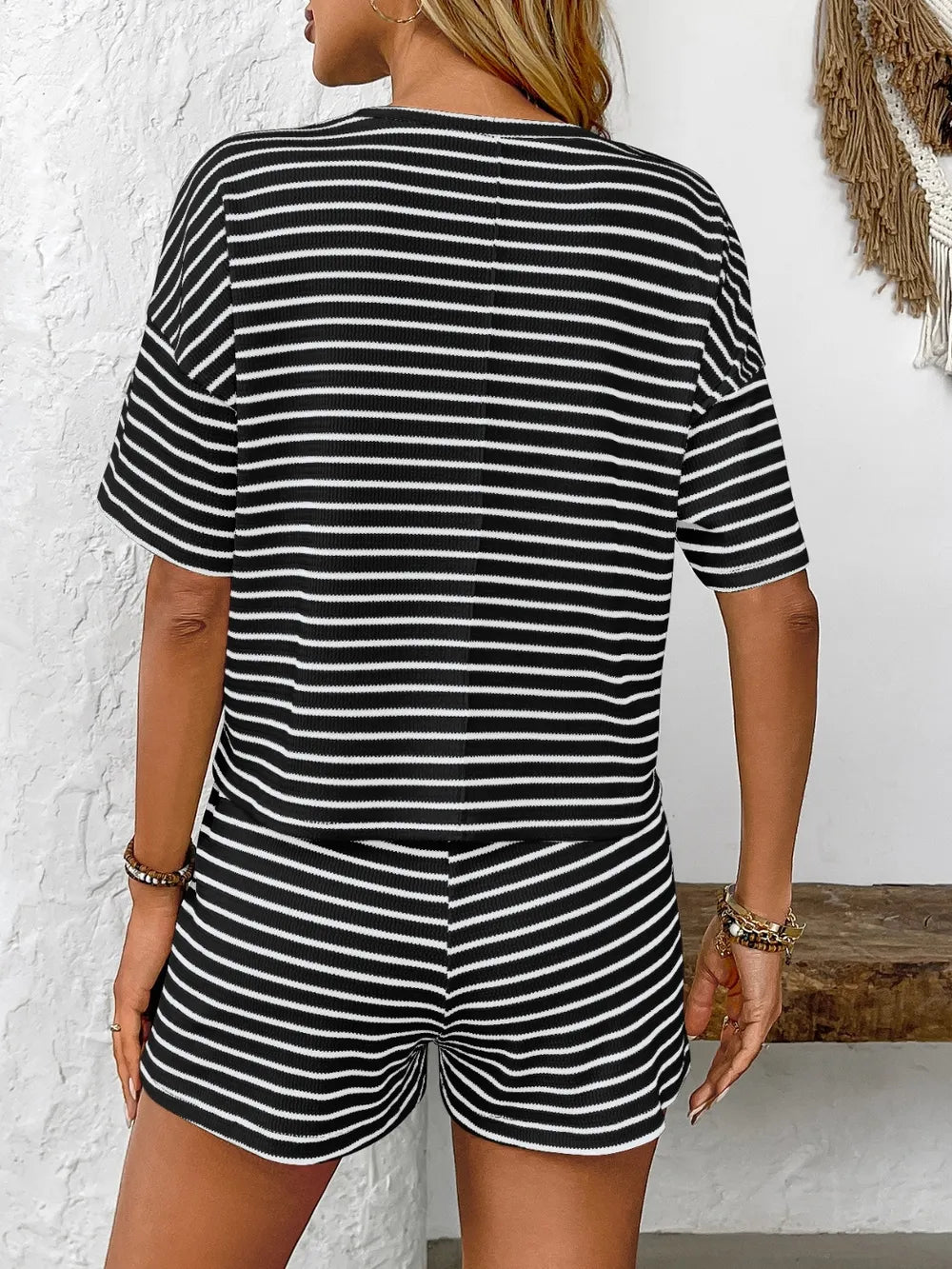Striped Round Neck Short Sleeve Top and Shorts Set - kinko