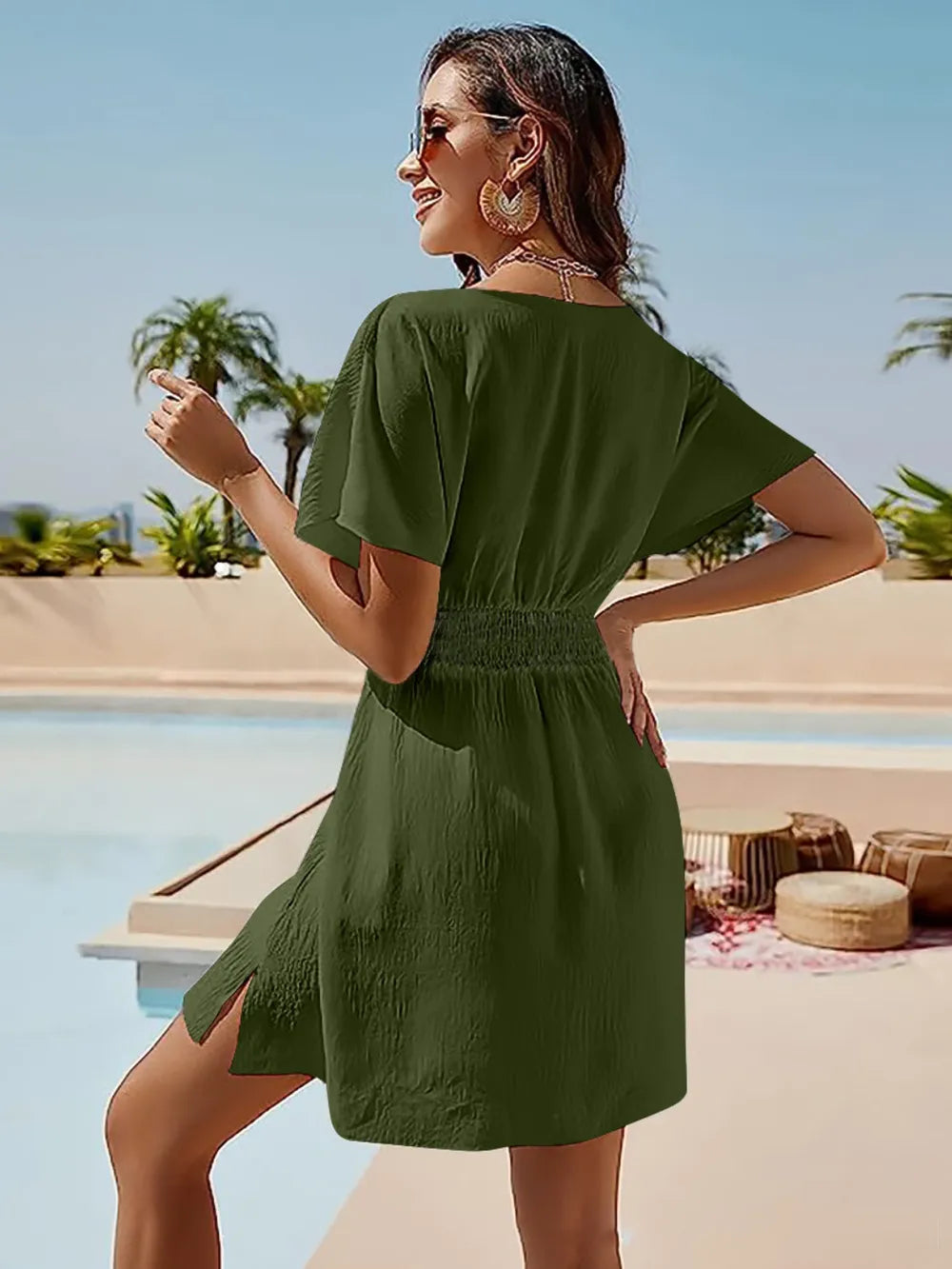 Smocked V-Neck Short Sleeve Dress - kinko