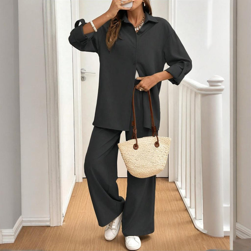 Women's Solid Color Shirt & Pants Set - Long Sleeve Button-Down Top With Elastic Waist Straight Pants Minimalist Casual Outfit - kinko