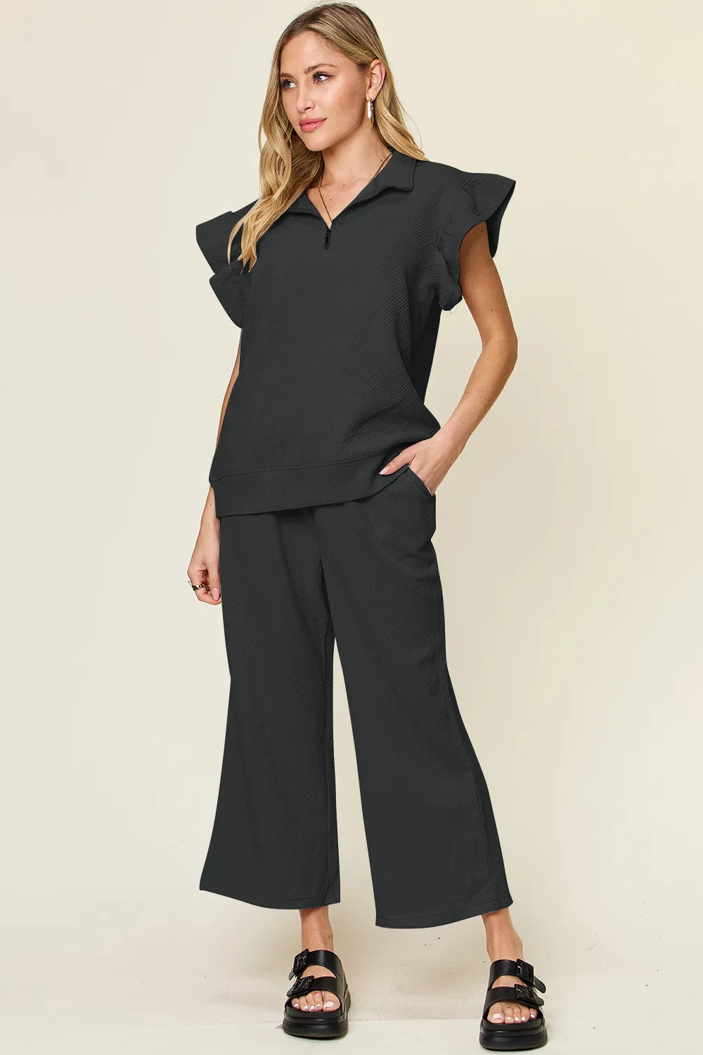 Double Take Texture Ruffle Short Sleeve Top and Drawstring Wide Leg Pants Set - kinko