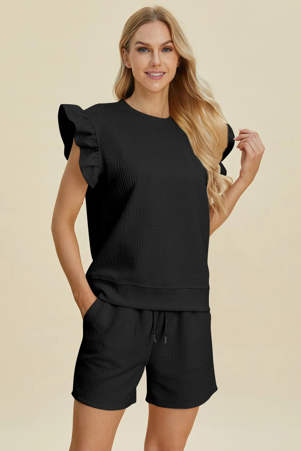 Double Take Full Size Texture Round Neck Ruffle Sleeve Top and Shorts Set - kinko