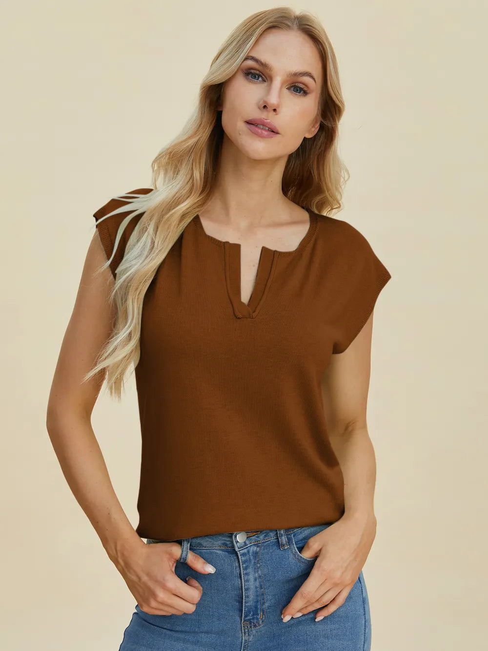 Double Take Full Size Notched Cap Sleeve Knit Top - kinko