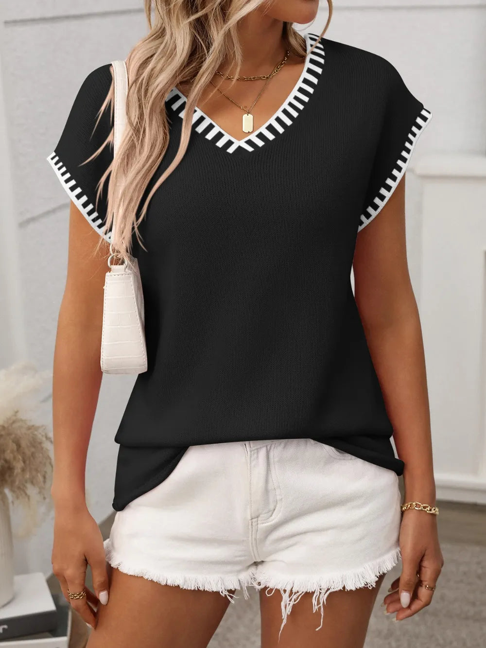 Contrast Trim V-Neck Short Sleeve Knit Top - kinko