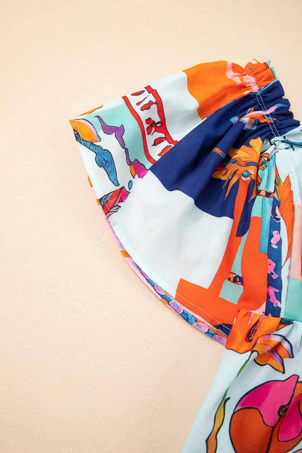 Printed Square Neck Ruffled Short Sleeve Blouse - kinko