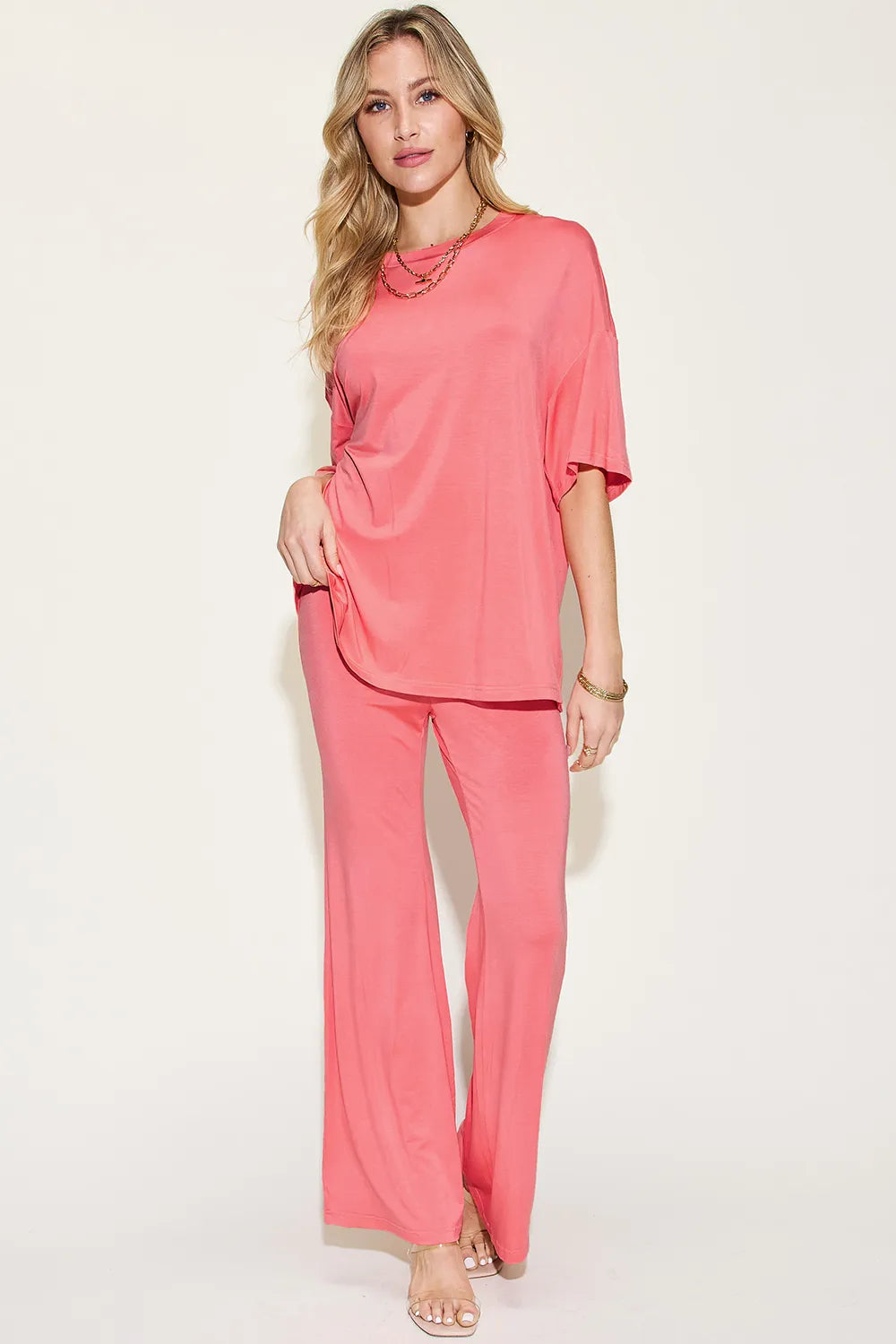 Basic Bae Full Size Bamboo Drop Shoulder T-Shirt and Flare Pants Set - kinko
