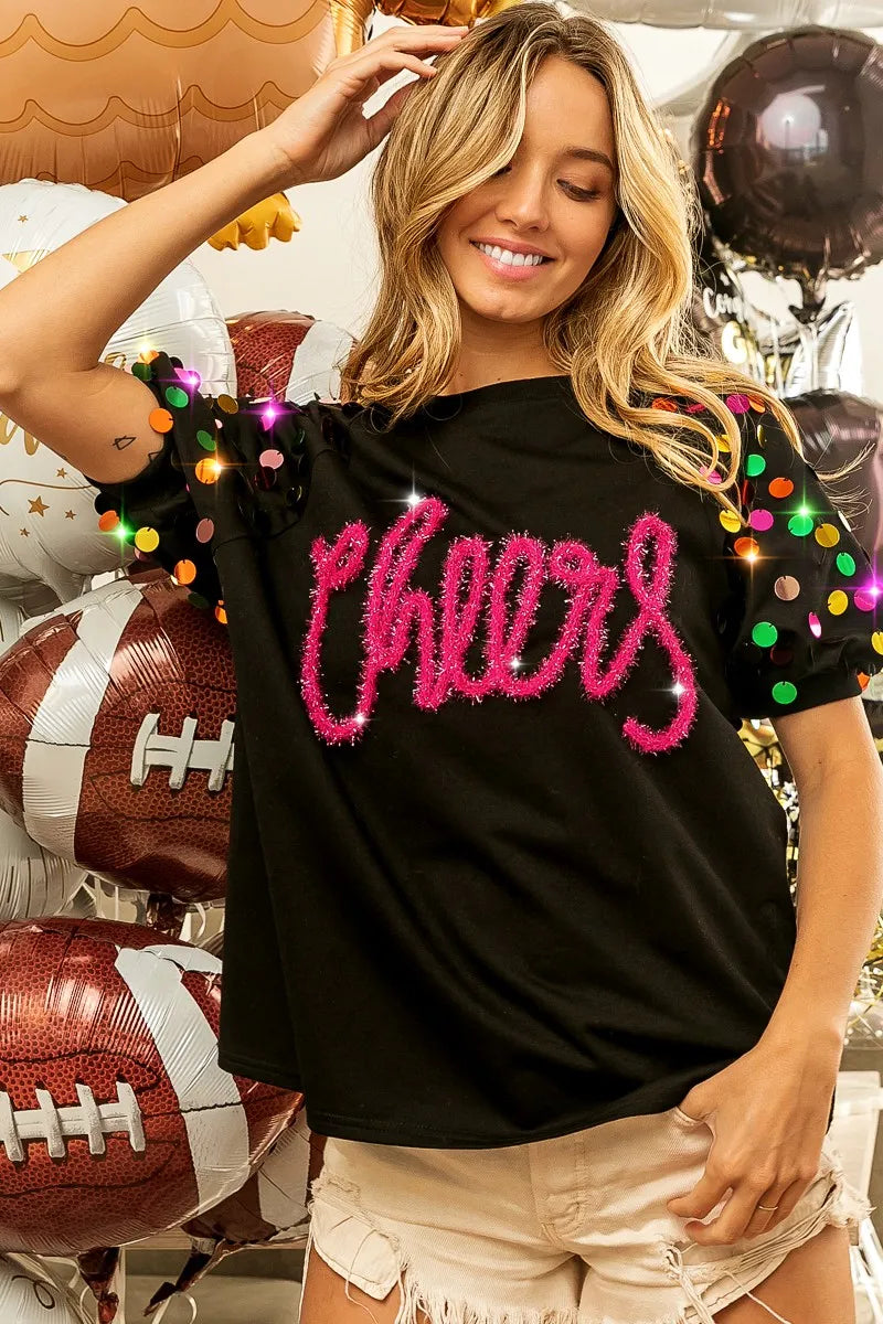 BiBi Metallic Letter Spangle Raglan Puff Sleeve Top - kinko