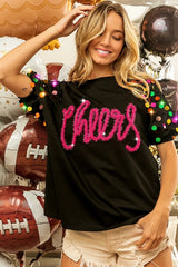 BiBi Metallic Letter Spangle Raglan Puff Sleeve Top - kinko