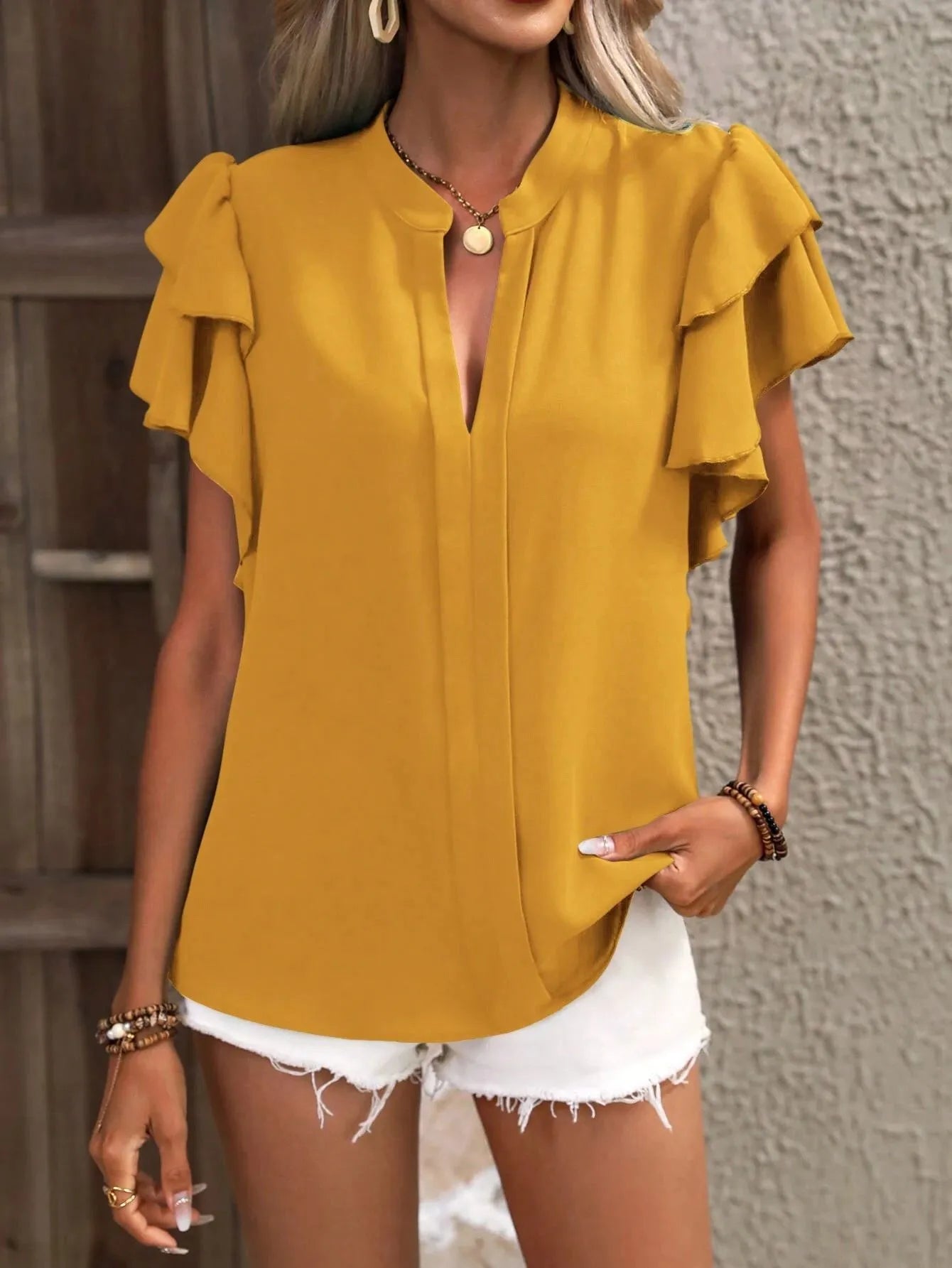 Ruffle Sleeve Notched Blouse - kinko