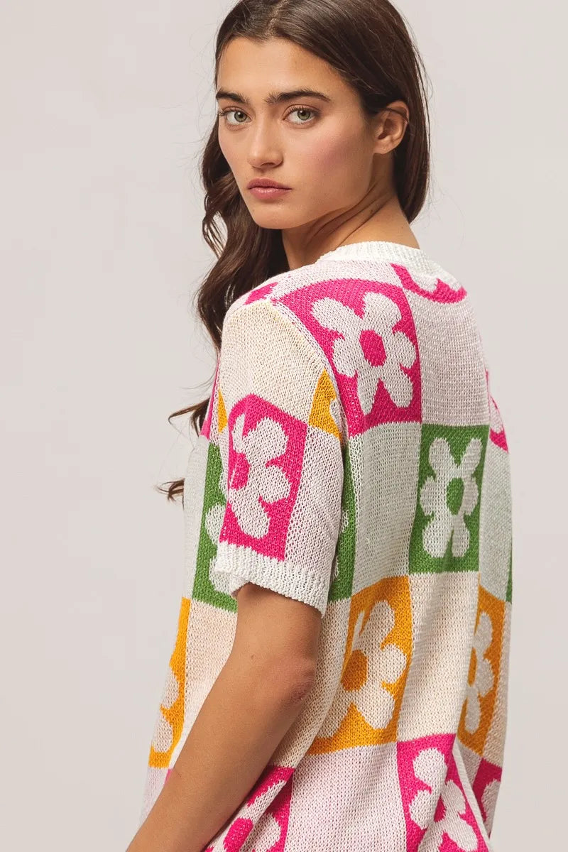 BiBi Flower Checker Pattern Lightweight Sweater Top - kinko
