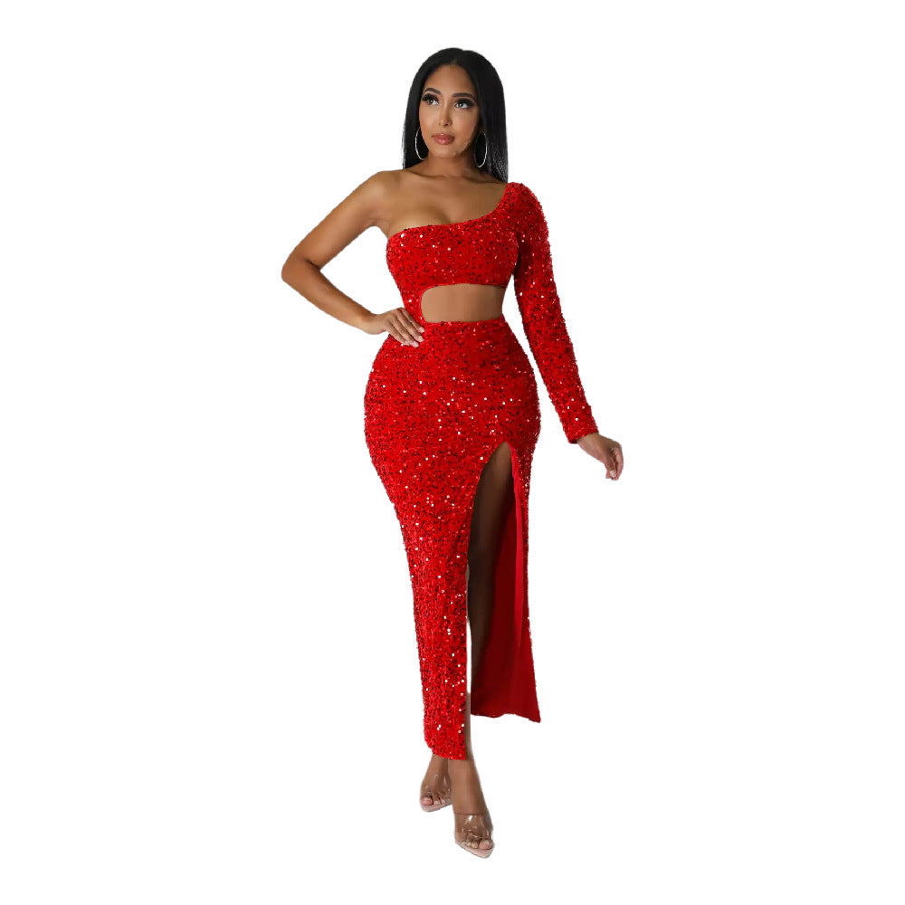 One-shoulder Fashionable Sequins Sexy Navel Split Hip Women's Clothing Dress - kinko