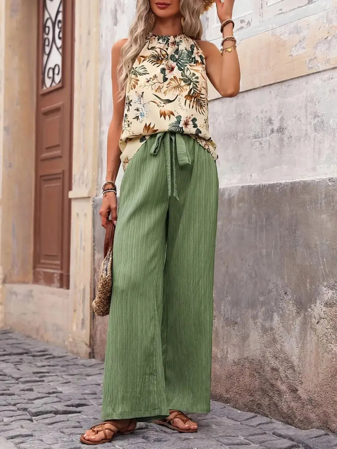 Printed Tank Top and Wide Leg Pants Set - kinko