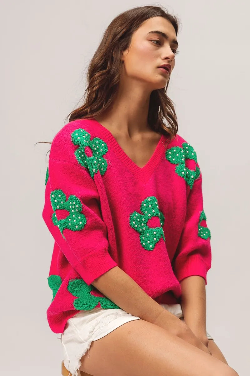 BiBi Pearl Beads Flowers Sweater Top - kinko