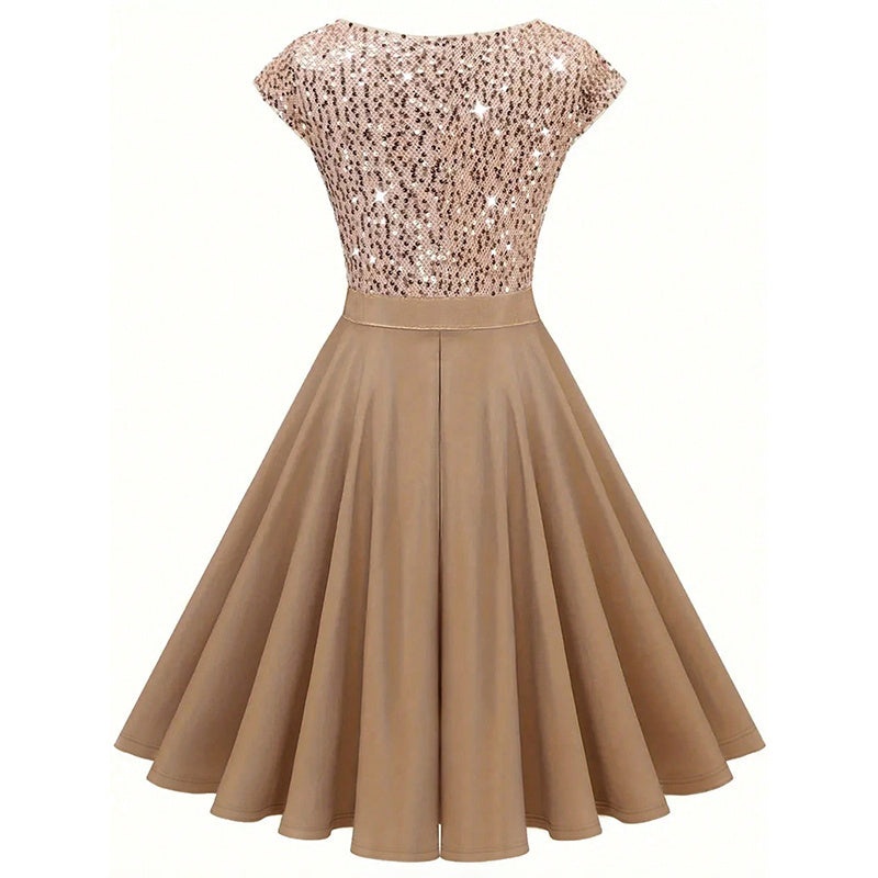 Women's Elegant Sequin V Neck Cap Sleeves Pleated Evening Cocktail Dress - kinko