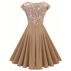 Women's Elegant Sequin V Neck Cap Sleeves Pleated Evening Cocktail Dress - kinko