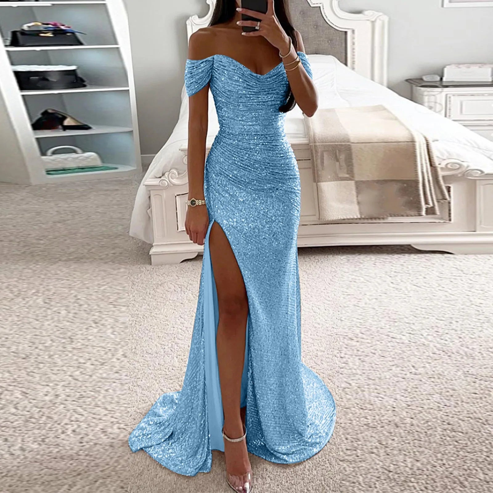 Female Creative Solid Color Sparkling Slit Dress - kinko