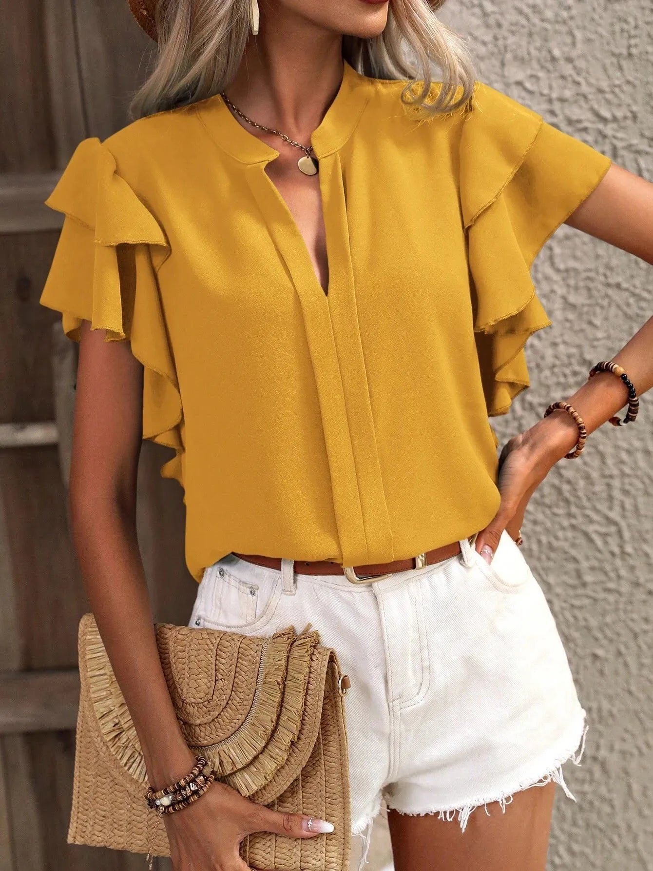 Ruffle Sleeve Notched Blouse - kinko