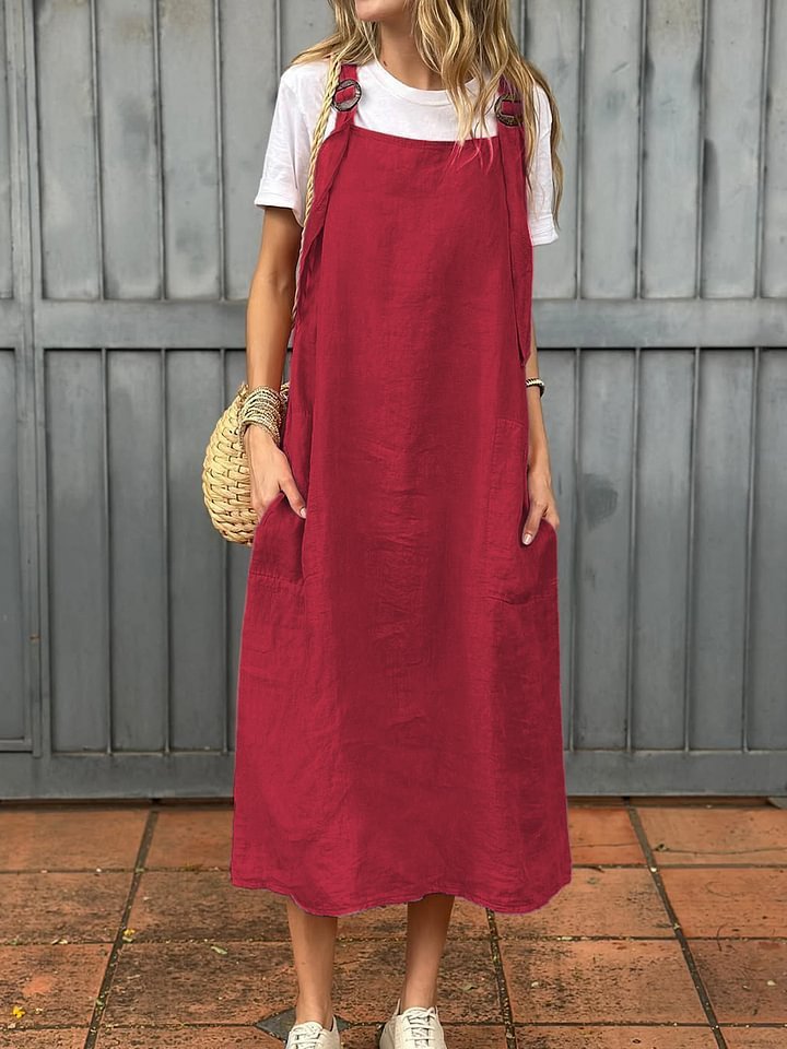 Summer Women's Adjustable Shoulder Strap Casual Cotton And Linen Dress - kinko