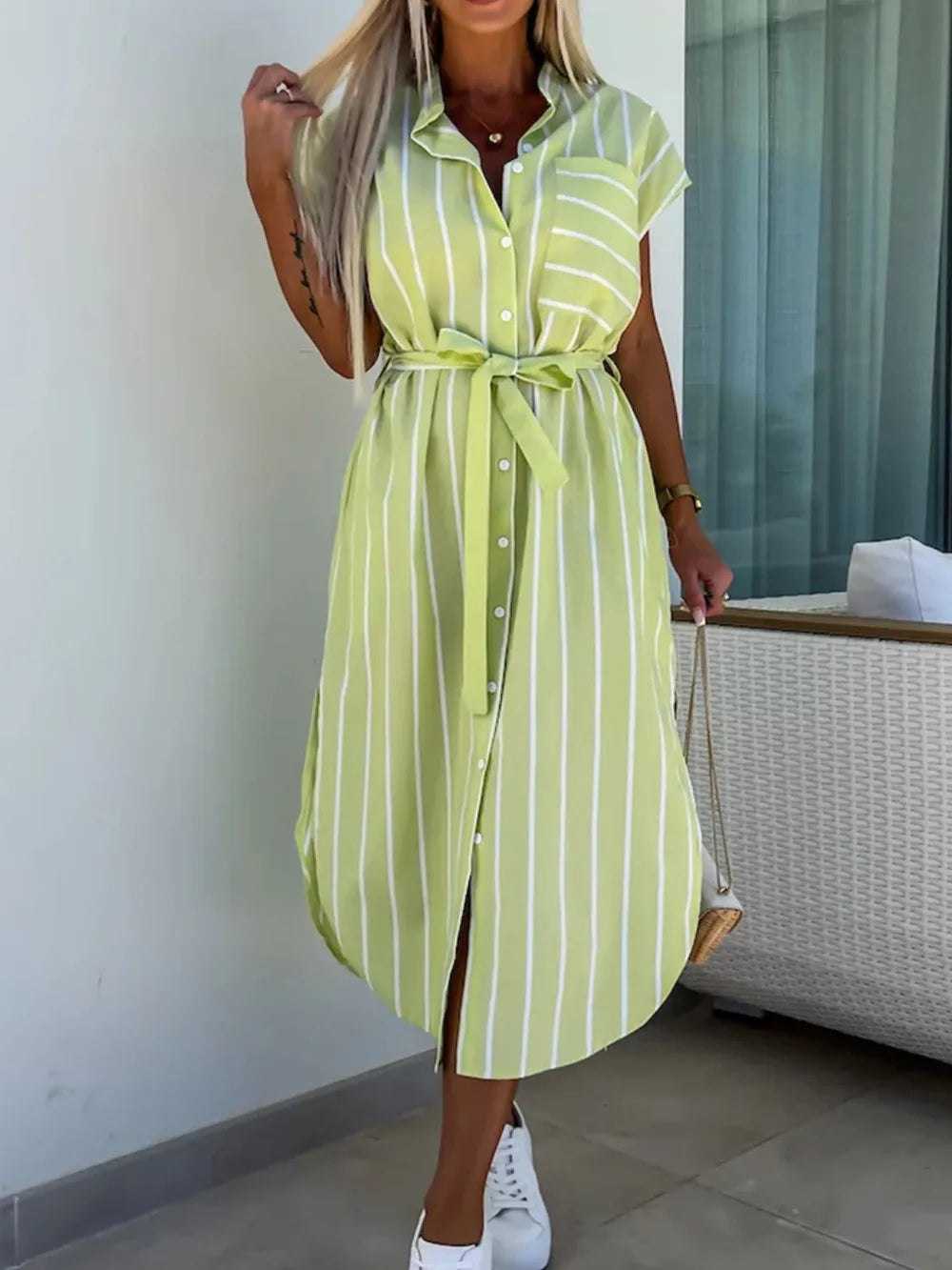 Striped Tie Waist Short Sleeve Dress - kinko