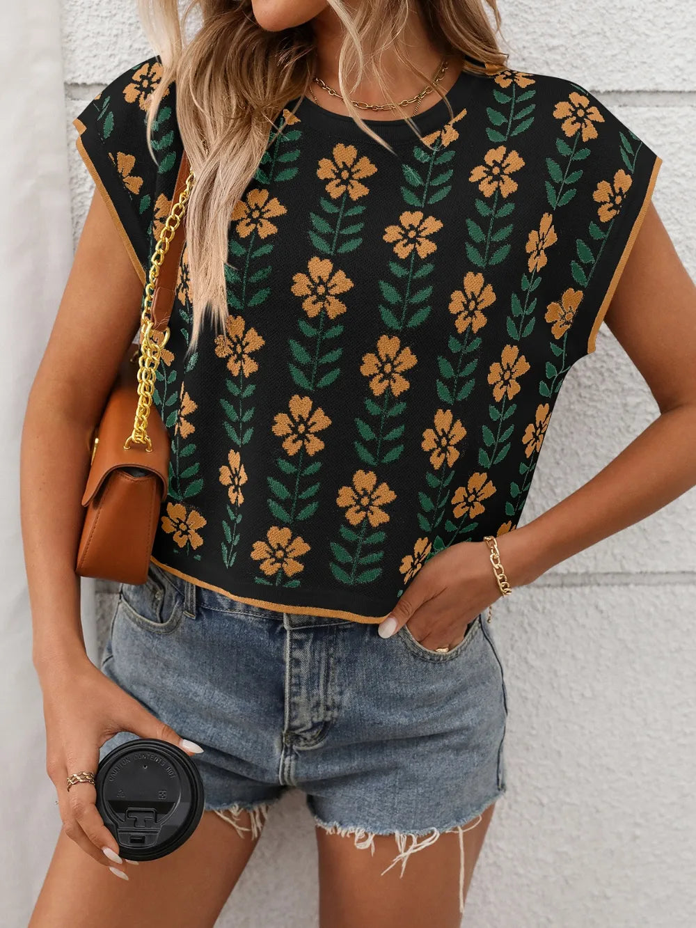 Flower Round Neck Short Sleeve Knit Top - kinko