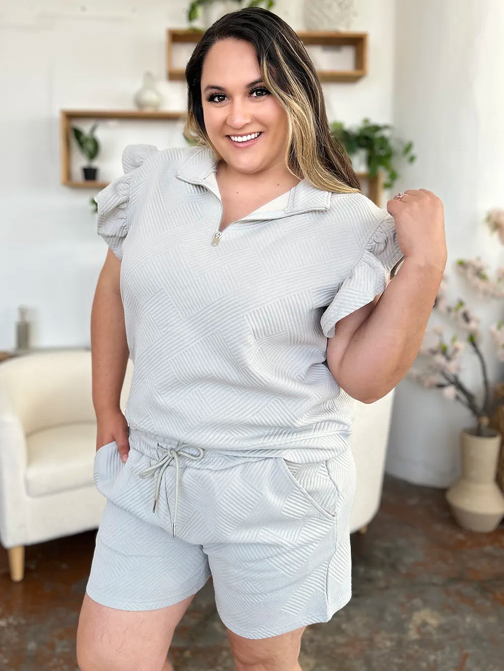 Double Take Full Size Texture Flounce Sleeve Top and Drawstring Shorts Set - kinko