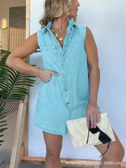 Button Front Sleeveless Denim Romper - kinko