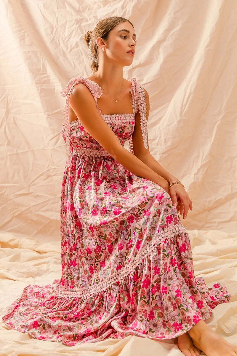 SO ME Floral Maxi Dress With Ribbon Tie Lace Strap - kinko