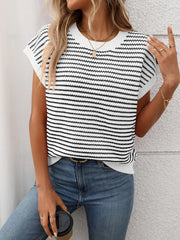 Striped Round Neck Short Sleeve Knit Top - kinko