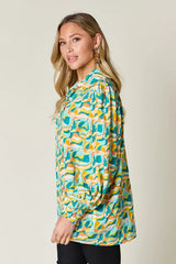 Double Take Full Size Printed Smocked Long Sleeve Blouse - kinko