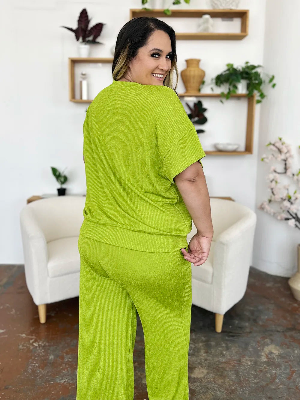 Double Take Full Size Texture Round Neck Short Sleeve T-Shirt and Wide Leg Pants - kinko