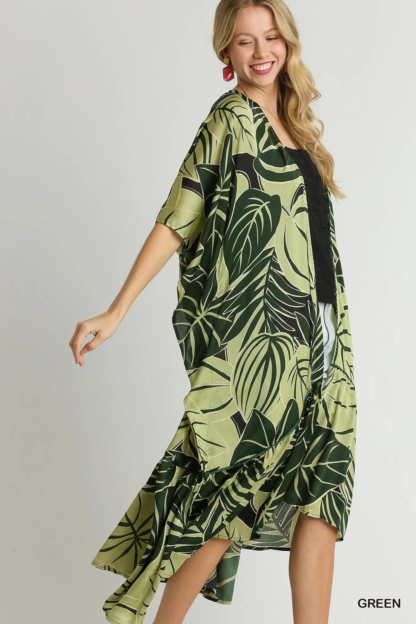 Umgee Satin Tropical Plant Print Open Front Kimono with Ruffle Details - kinko