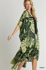 Umgee Satin Tropical Plant Print Open Front Kimono with Ruffle Details - kinko