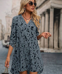 Allover Print Roll Up Sleeve Dress Ladies Casual High Low Long Sleeve V Neck Regular Fit Short Apricot Roll Up Sleeve All Over Print Tunic Women Short Dresses - kinko