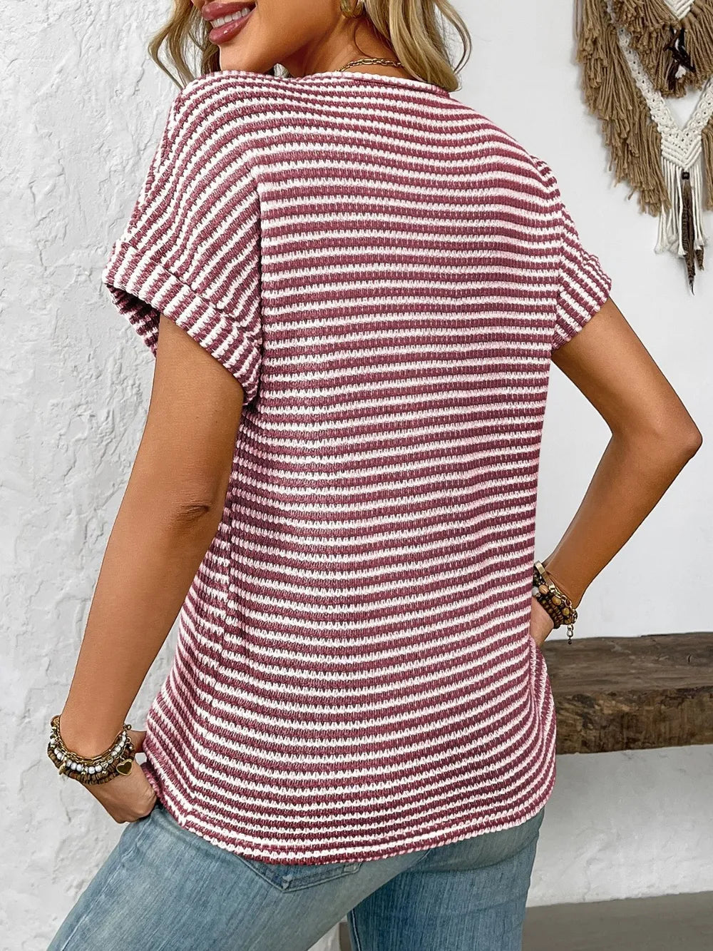 Striped Notched Short Sleeve T-Shirt - kinko