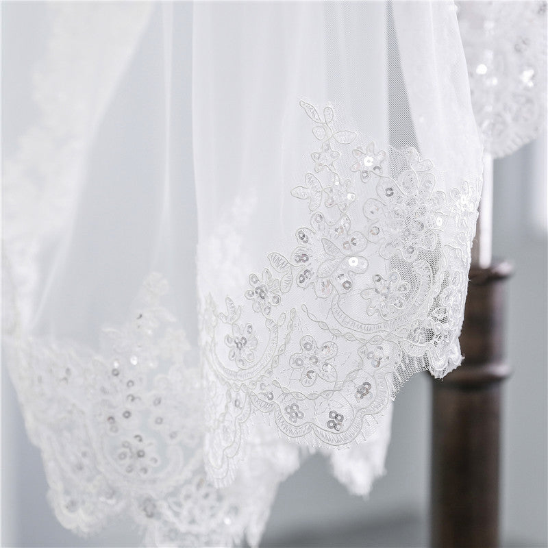 Short Veil Soft Mesh Sequined Lace White Ivory - kinko