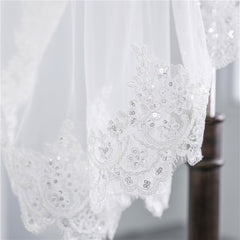 Short Veil Soft Mesh Sequined Lace White Ivory - kinko