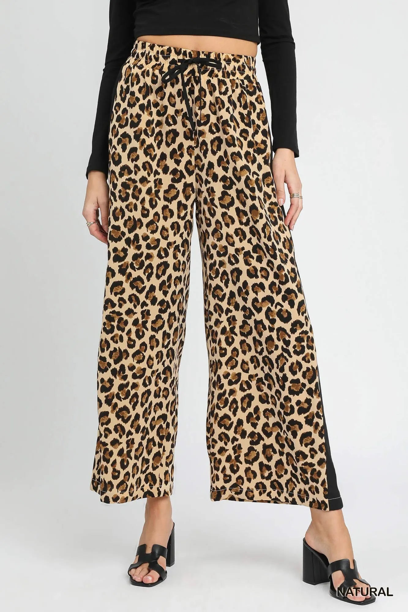 Umgee Leopard Print Wide-Leg Drawstring Pants - kinko