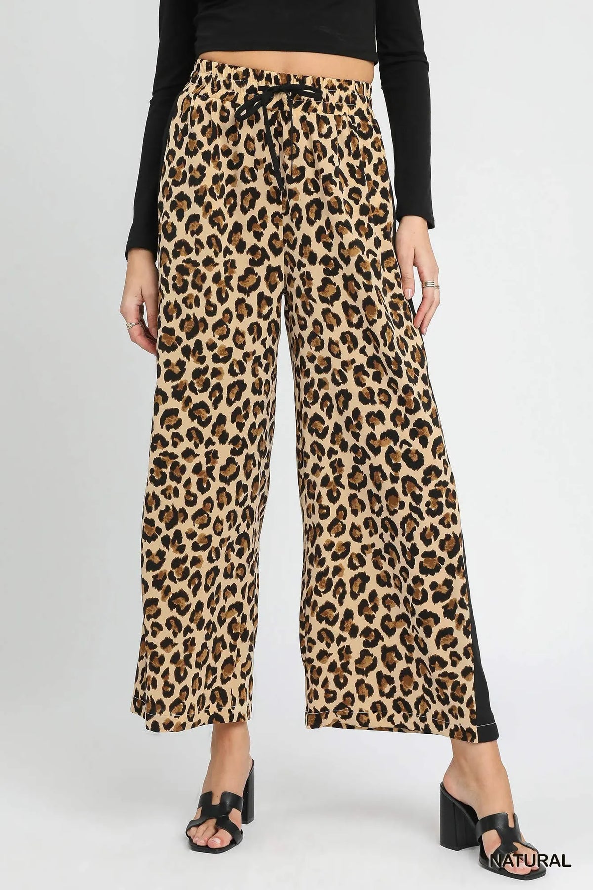Umgee Leopard Print Wide-Leg Drawstring Pants - kinko