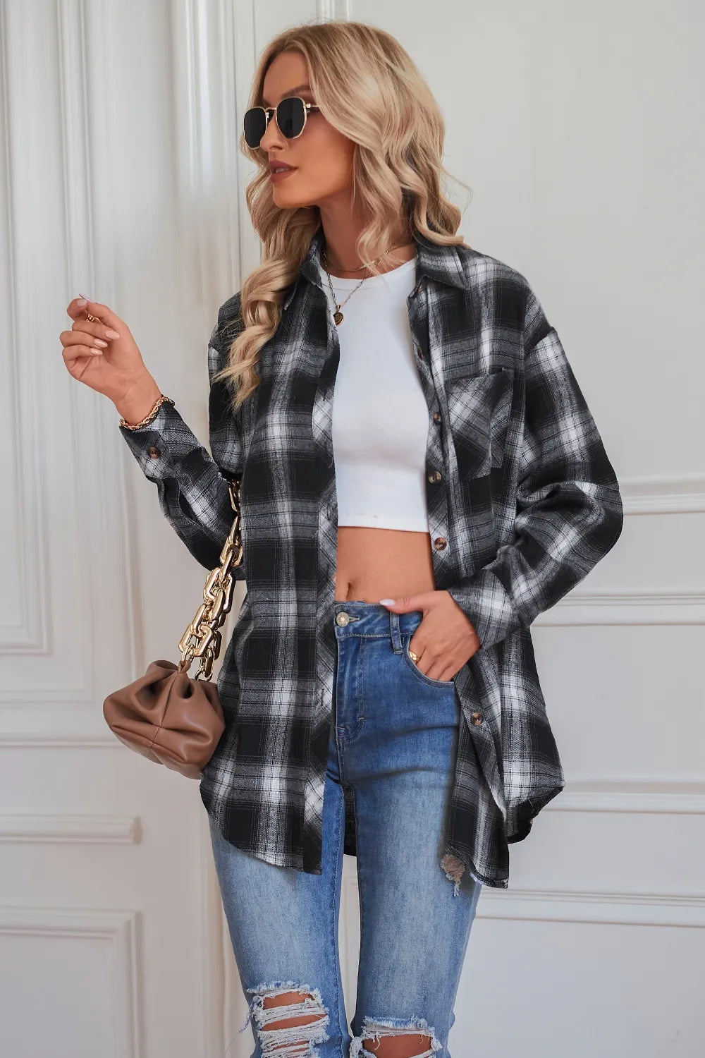 Plaid Button Up Dropped Shoulder Outerwear - kinko