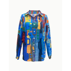 Women's Lapel Collar Printed Long Sleeve Shirt - Vibrant Colorful Pattern Button-Up Blouse Stylish Spring&Summer Vacation Top - kinko