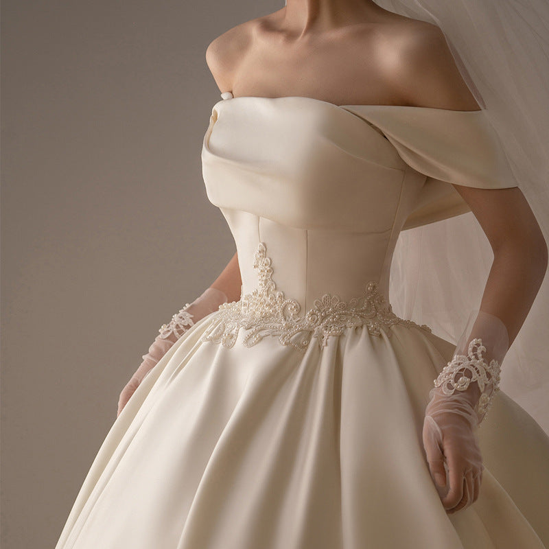 Women's Satin Off-shoulder Retro Fashion Trailing Wedding Dress - kinko