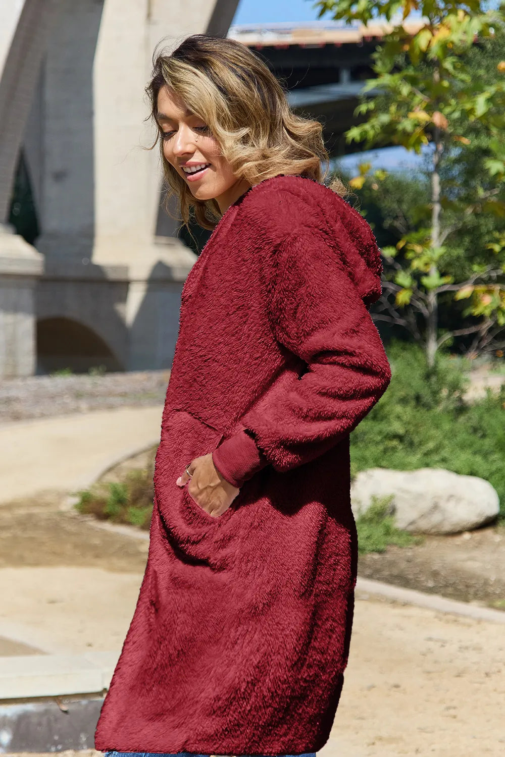 Double Take Full Size Hooded Teddy Bear Jacket with Thumbholes - kinko