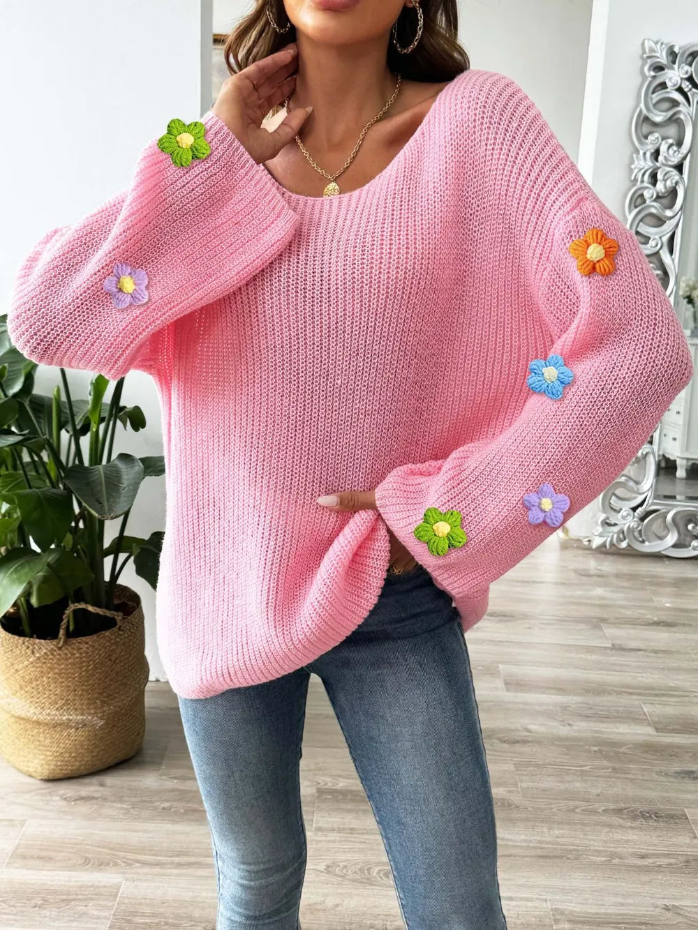 Flower Round Neck Long Sleeve Sweater - kinko