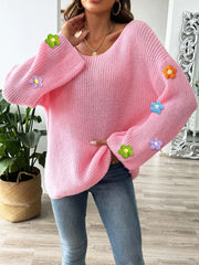 Flower Round Neck Long Sleeve Sweater - kinko