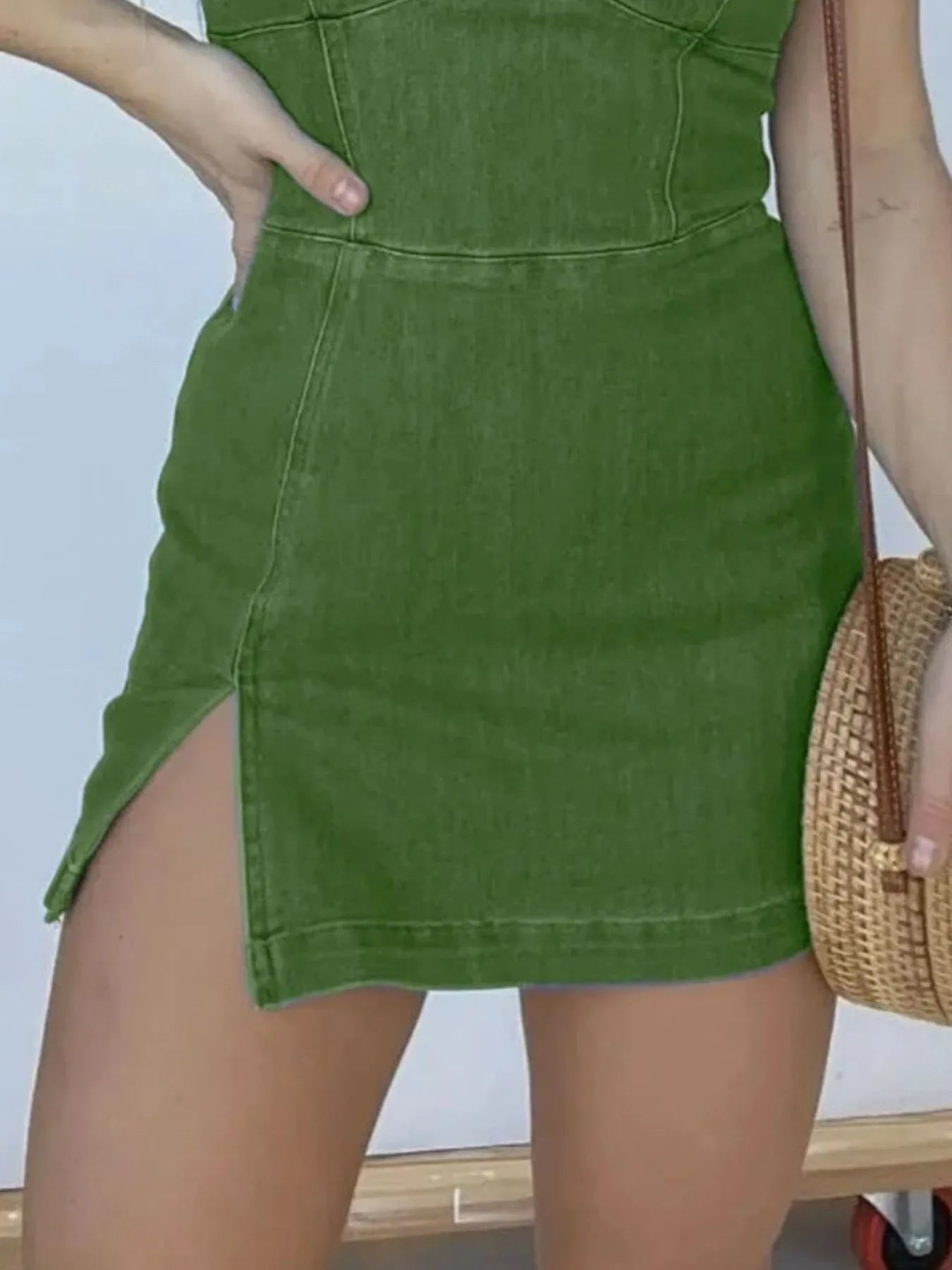 Full Size Slit Square Neck Denim Dress Plus Size - kinko