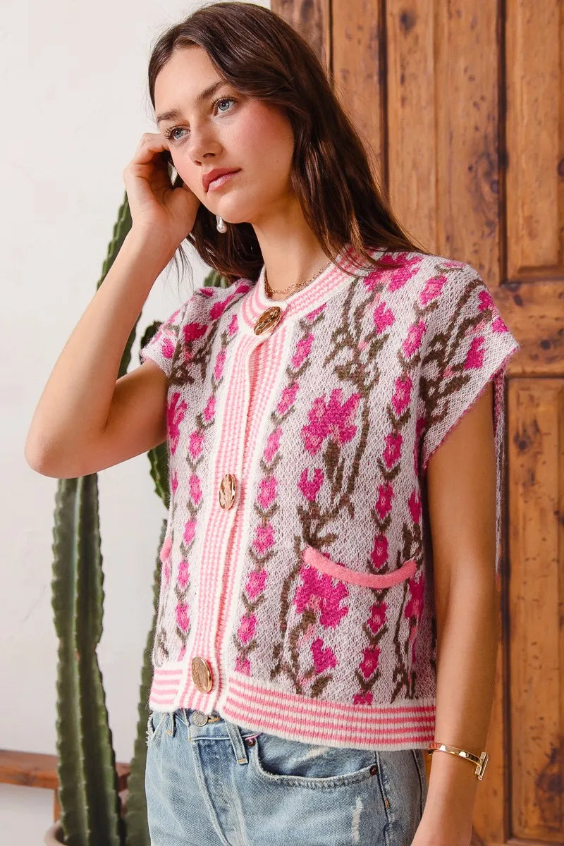 SO ME Button Front Floral and Stripe Knitted Sweater Vest - kinko